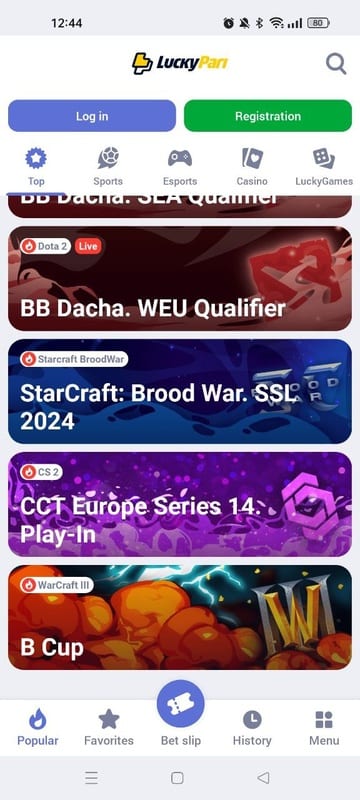 LuckyPari esports lobby with Dota 2, StarCraft, CS2 and Warcraft events